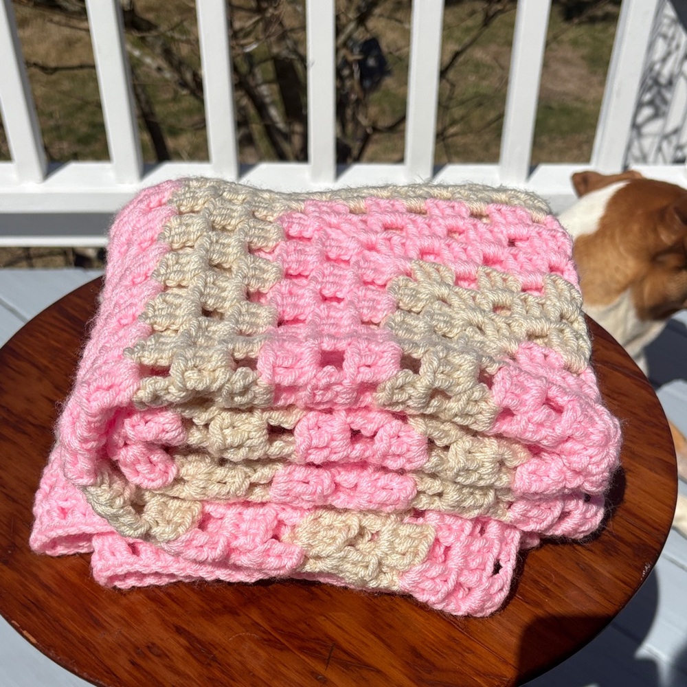 Crochet Baby Blanket Pink and Tan Handmade Brand New